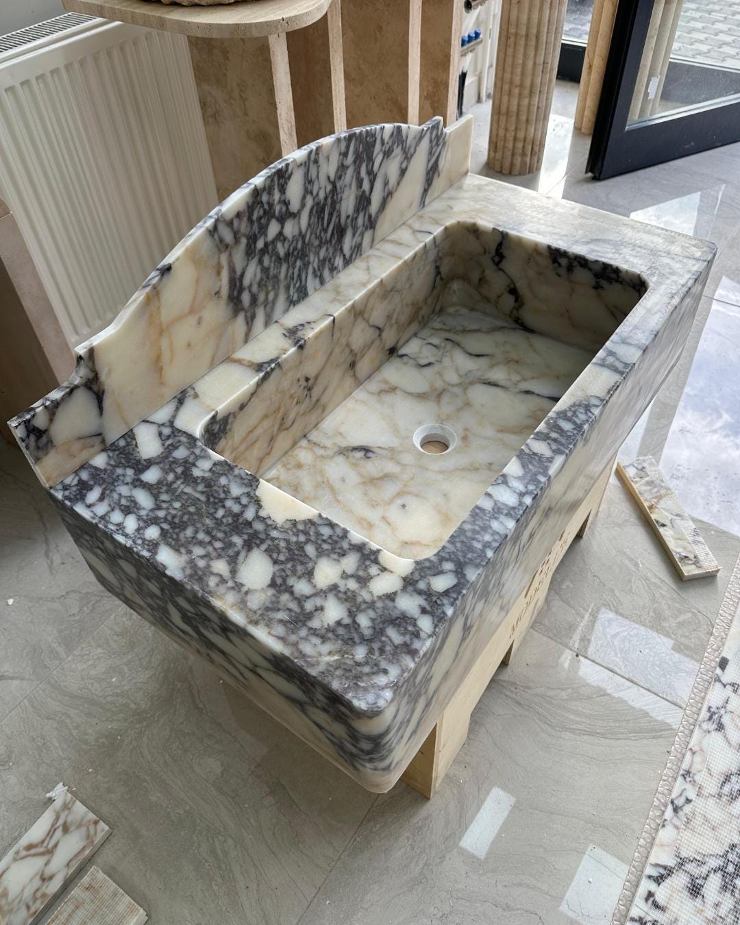Calacatta Viola Marble Sink with Backsplash, Handmade Luxury Bathroom Vanity Basin