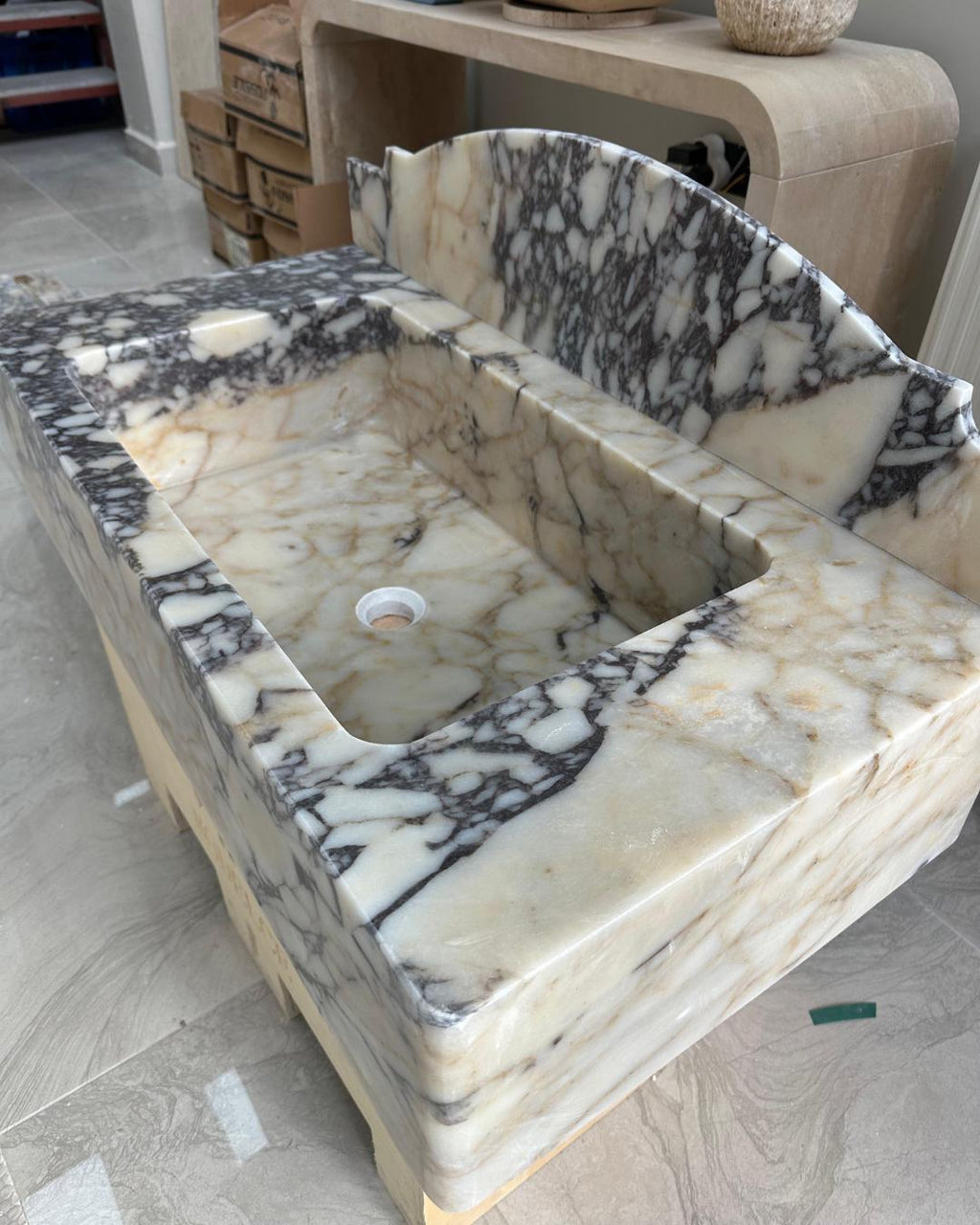 Calacatta Viola Marble Sink with Backsplash, Handmade Luxury Bathroom Vanity Basin