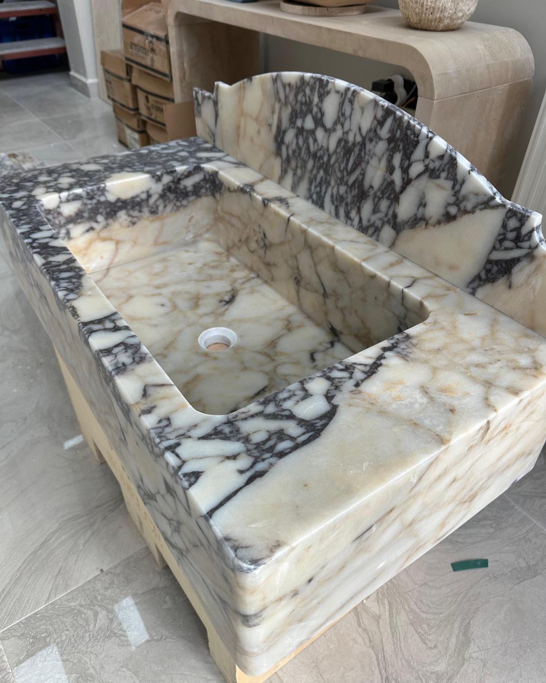 Calacatta Viola Marble Sink with Backsplash, Handmade Luxury Bathroom Vanity Basin