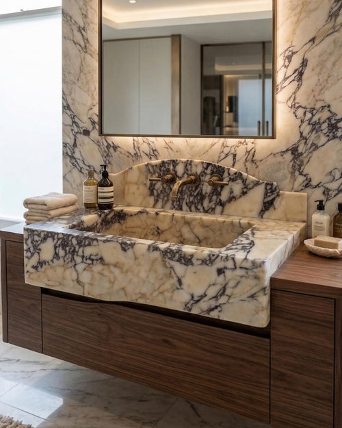 Calacatta Viola Marble Sink with Backsplash, Handmade Luxury Bathroom Vanity Basin