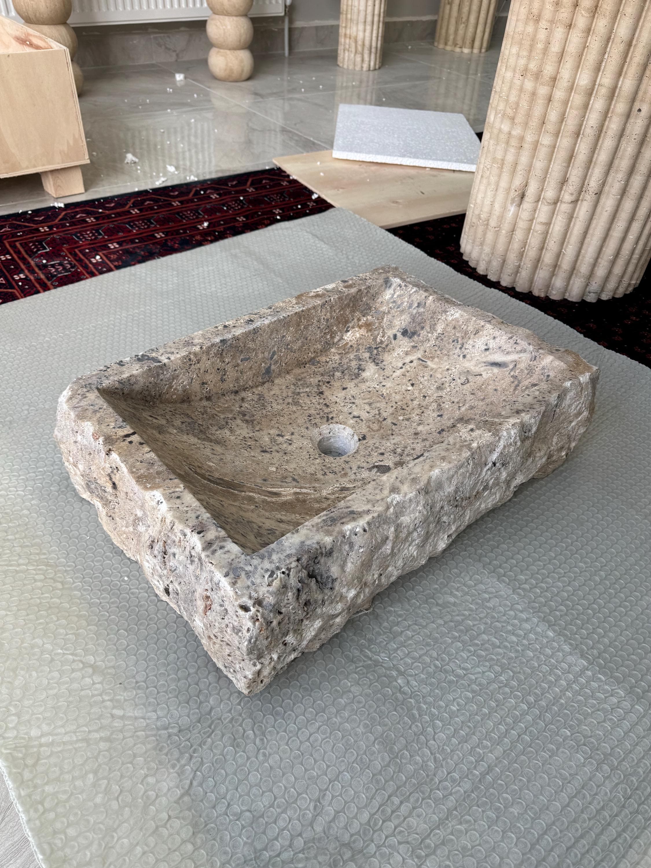 Handcrafted Silver Travertine Vessel Sink – Rustic Natural Stone Bathroom Basin