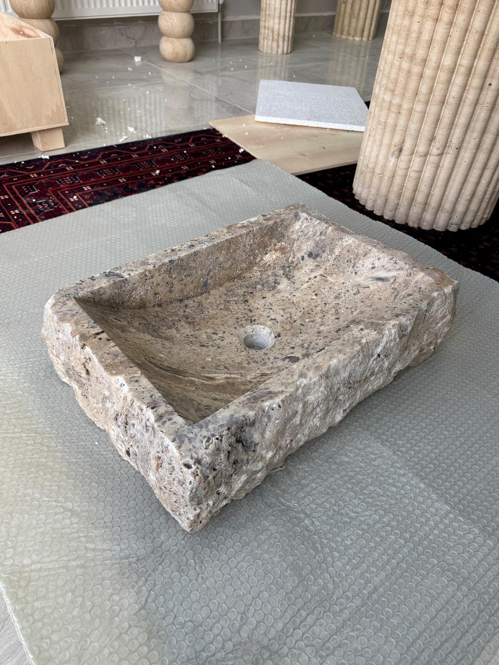 Handcrafted Silver Travertine Vessel Sink – Rustic Natural Stone Bathroom Basin