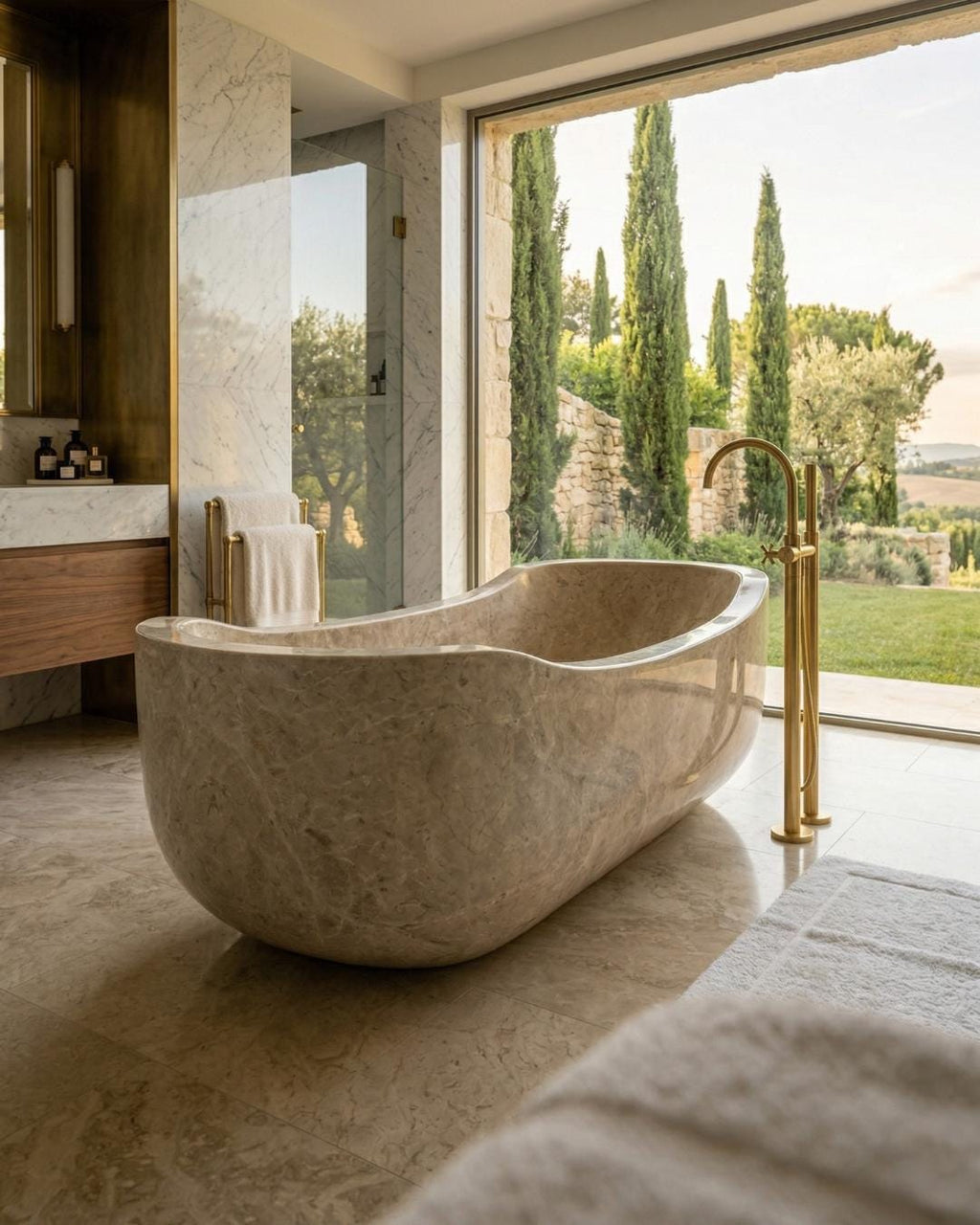 White Tundra Marble Freestanding Bathtub, Handmade Solid Stone Soaking Tub