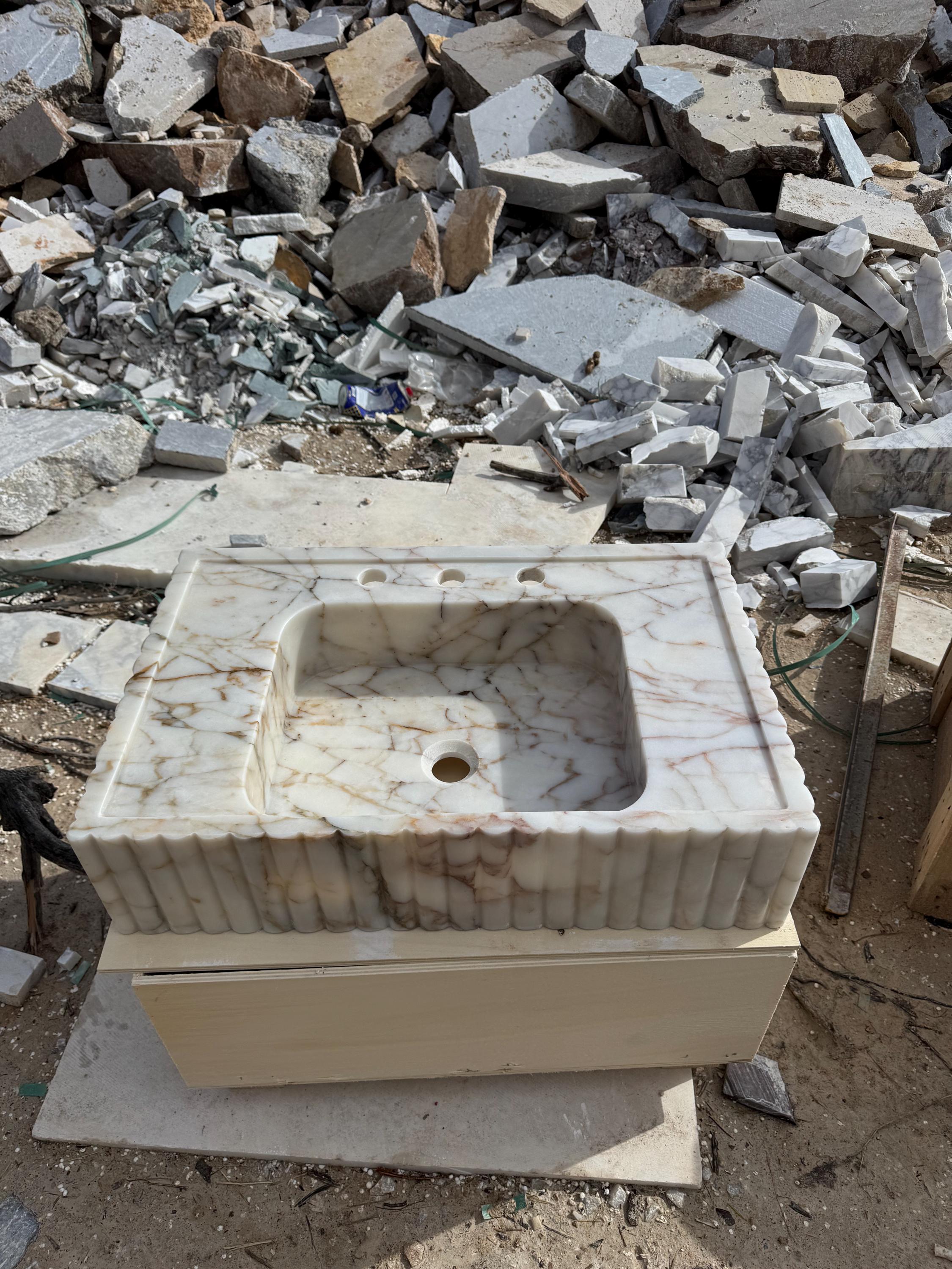 Hand Carved Calacatta Gold Marble Sink, Luxury Wall Mount Vanity Basin