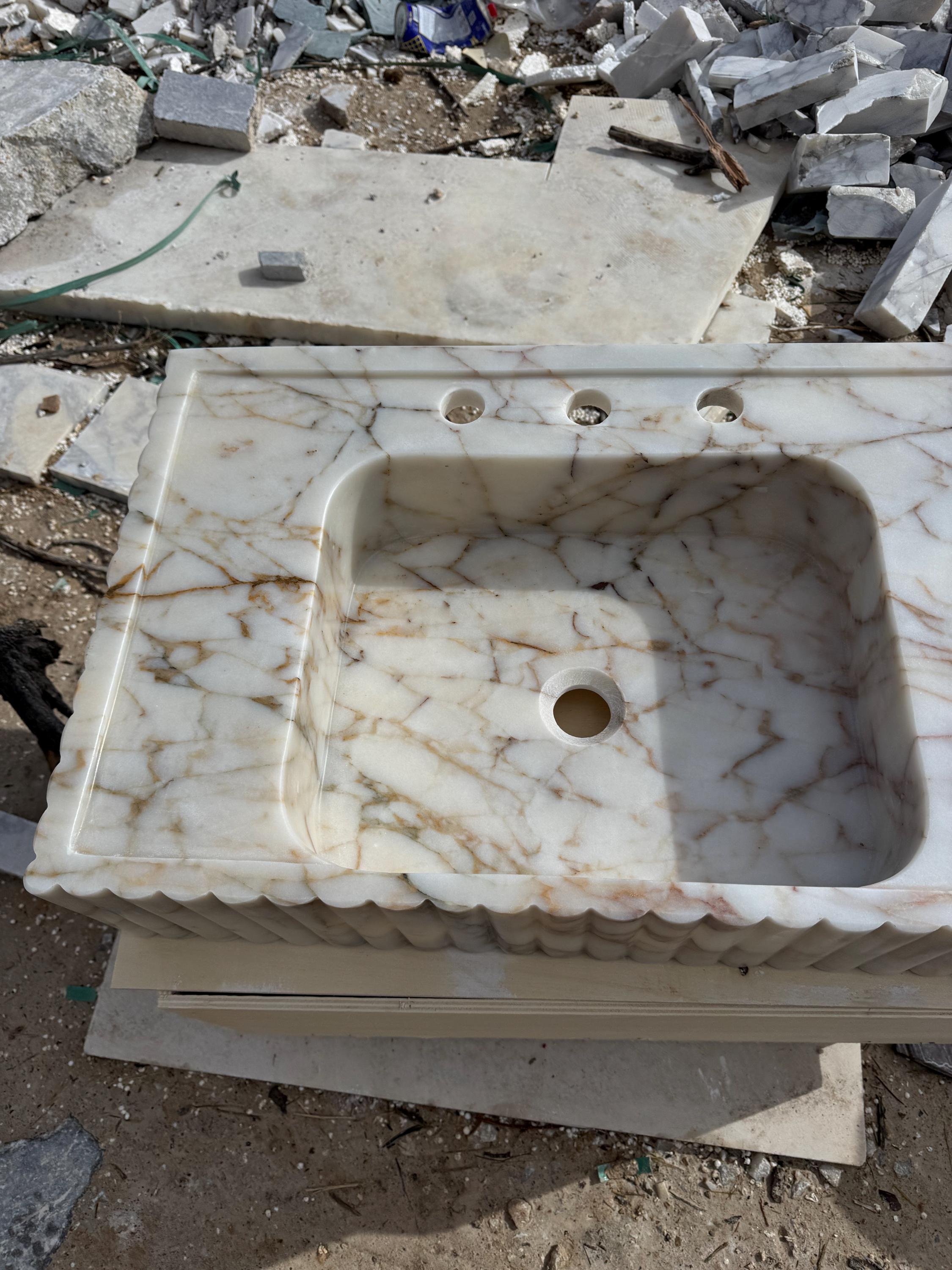 Hand Carved Calacatta Gold Marble Sink, Luxury Wall Mount Vanity Basin