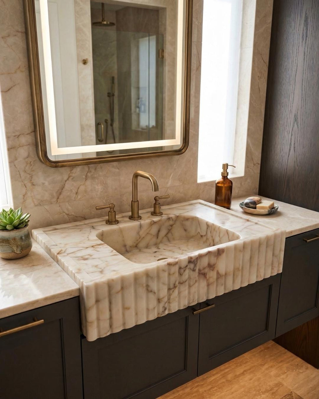 Hand Carved Calacatta Gold Marble Sink, Luxury Wall Mount Vanity Basin