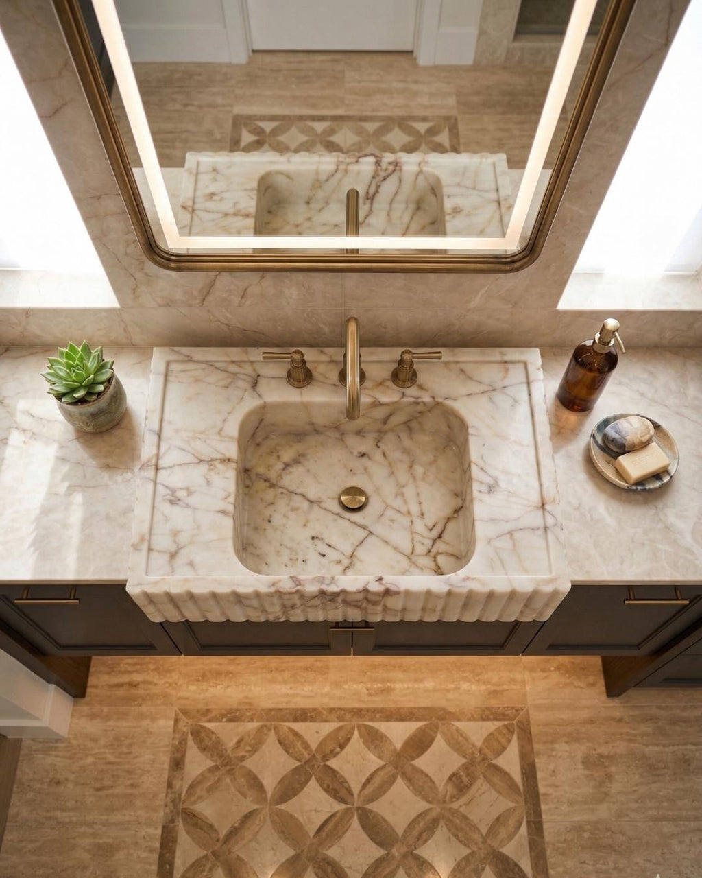 Hand Carved Calacatta Gold Marble Sink, Luxury Wall Mount Vanity Basin