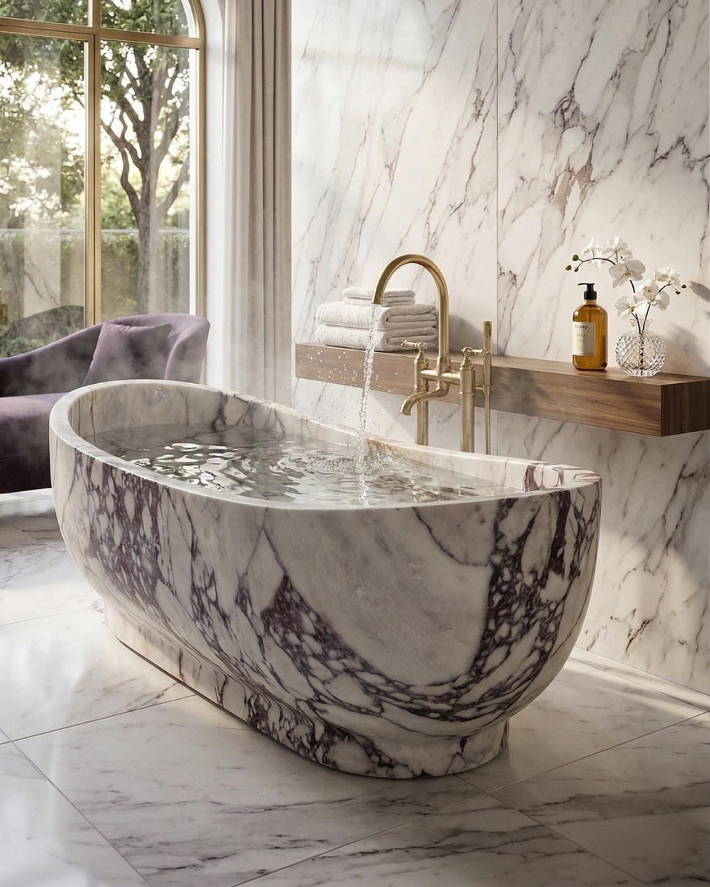 Calacatta Viola Marble Freestanding Bathtub, Luxury Solid Stone Soaking Tub, Custom Size