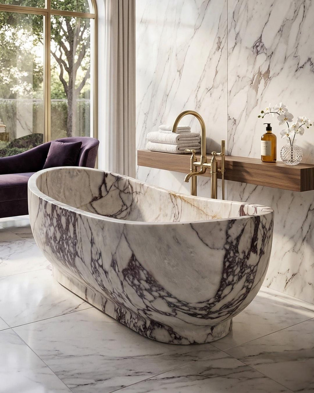 Calacatta Viola Marble Freestanding Bathtub, Luxury Solid Stone Soaking Tub, Custom Size