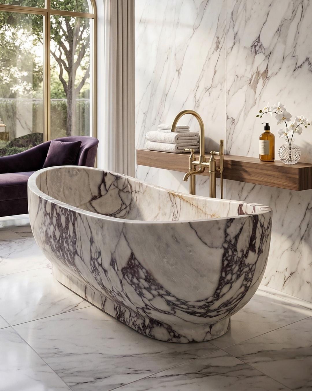 Calacatta Viola Marble Freestanding Bathtub, Luxury Solid Stone Soaking Tub, Custom Size
