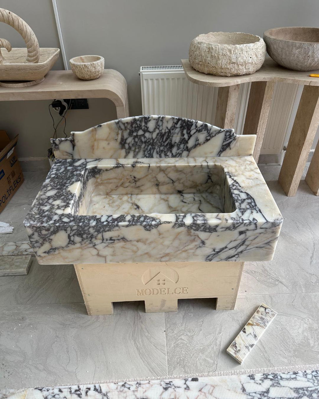 Calacatta Viola Marble Sink with Backsplash, Handmade Luxury Bathroom Vanity Basin