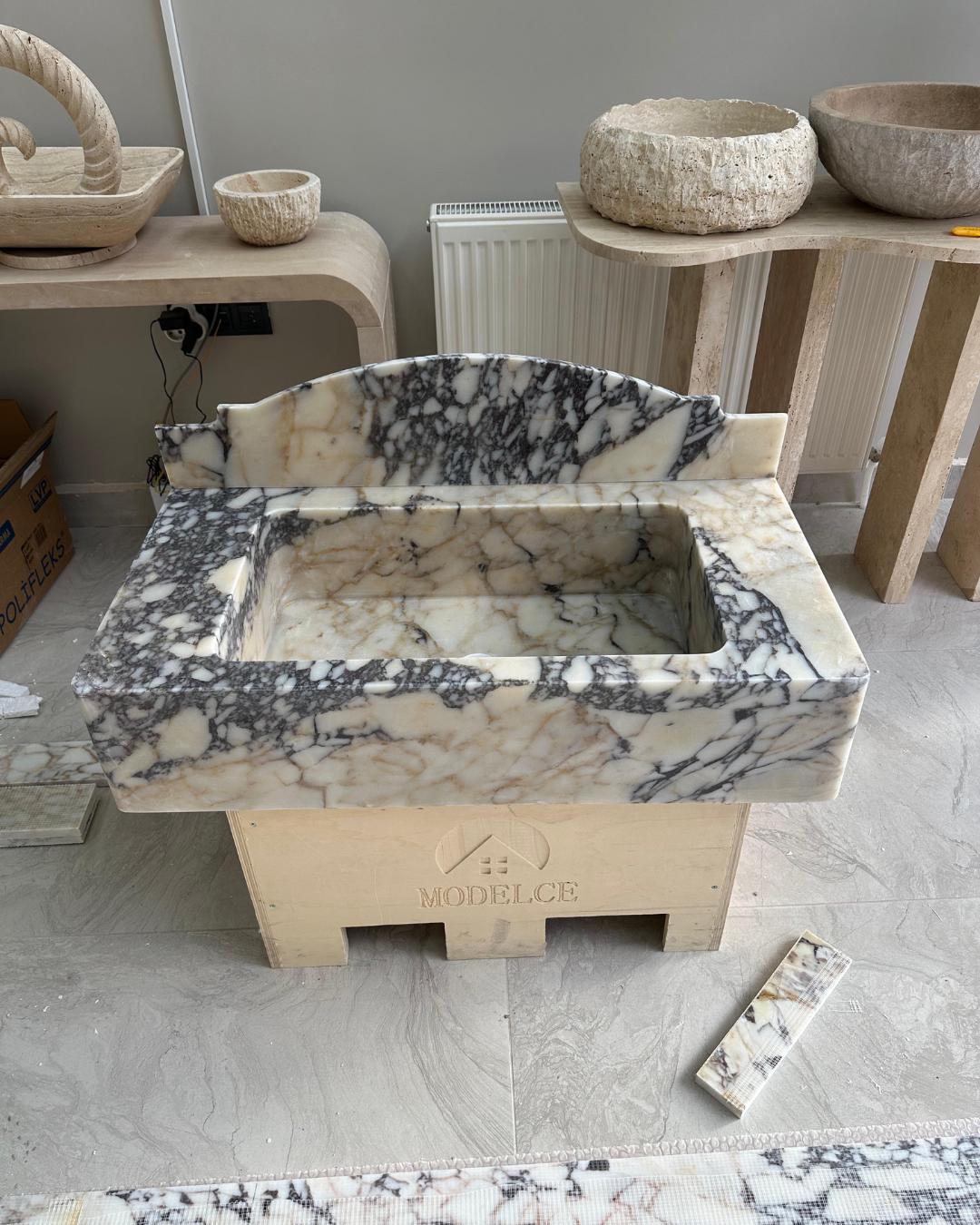 Calacatta Viola Marble Sink with Backsplash, Handmade Luxury Bathroom Vanity Basin