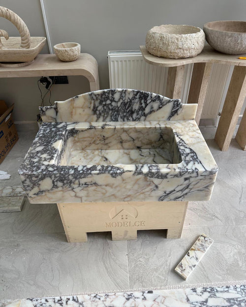 Calacatta Viola Marble Sink with Backsplash, Handmade Luxury Bathroom Vanity Basin