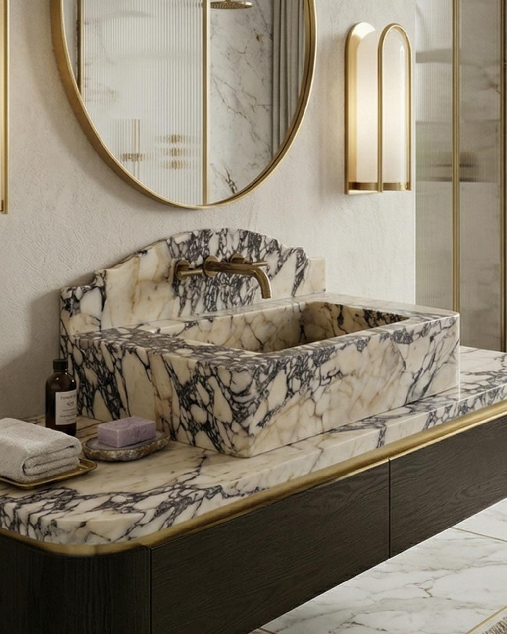 Calacatta Viola Marble Sink with Backsplash, Handmade Luxury Bathroom Vanity Basin