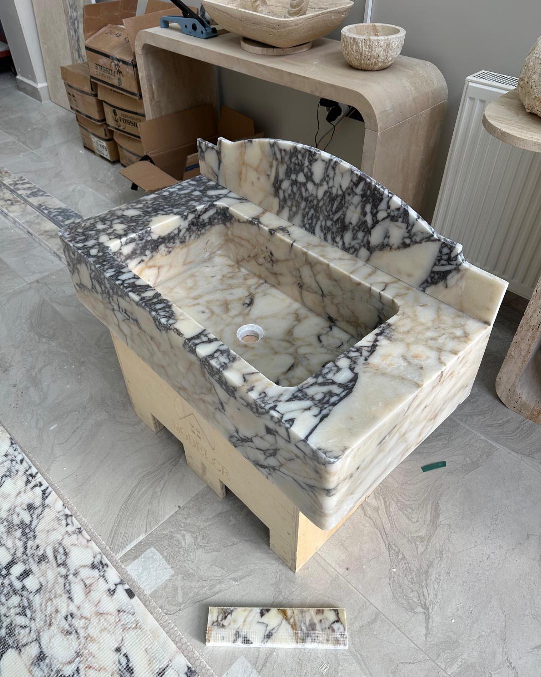 Calacatta Viola Marble Sink with Backsplash, Handmade Luxury Bathroom Vanity Basin