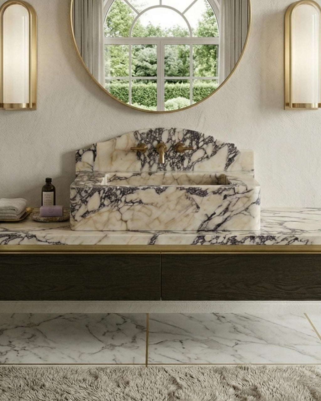 Calacatta Viola Marble Sink with Backsplash, Handmade Luxury Bathroom Vanity Basin