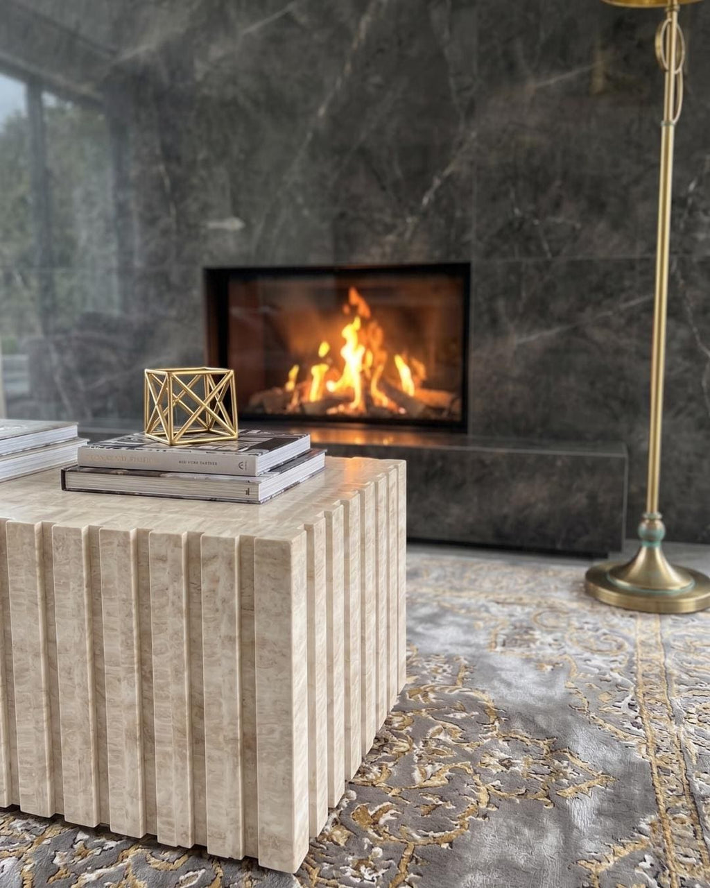 Travertine Fluted Coffee Table, Handmade Natural Stone Centerpiece, Modern Living Room Furniture
