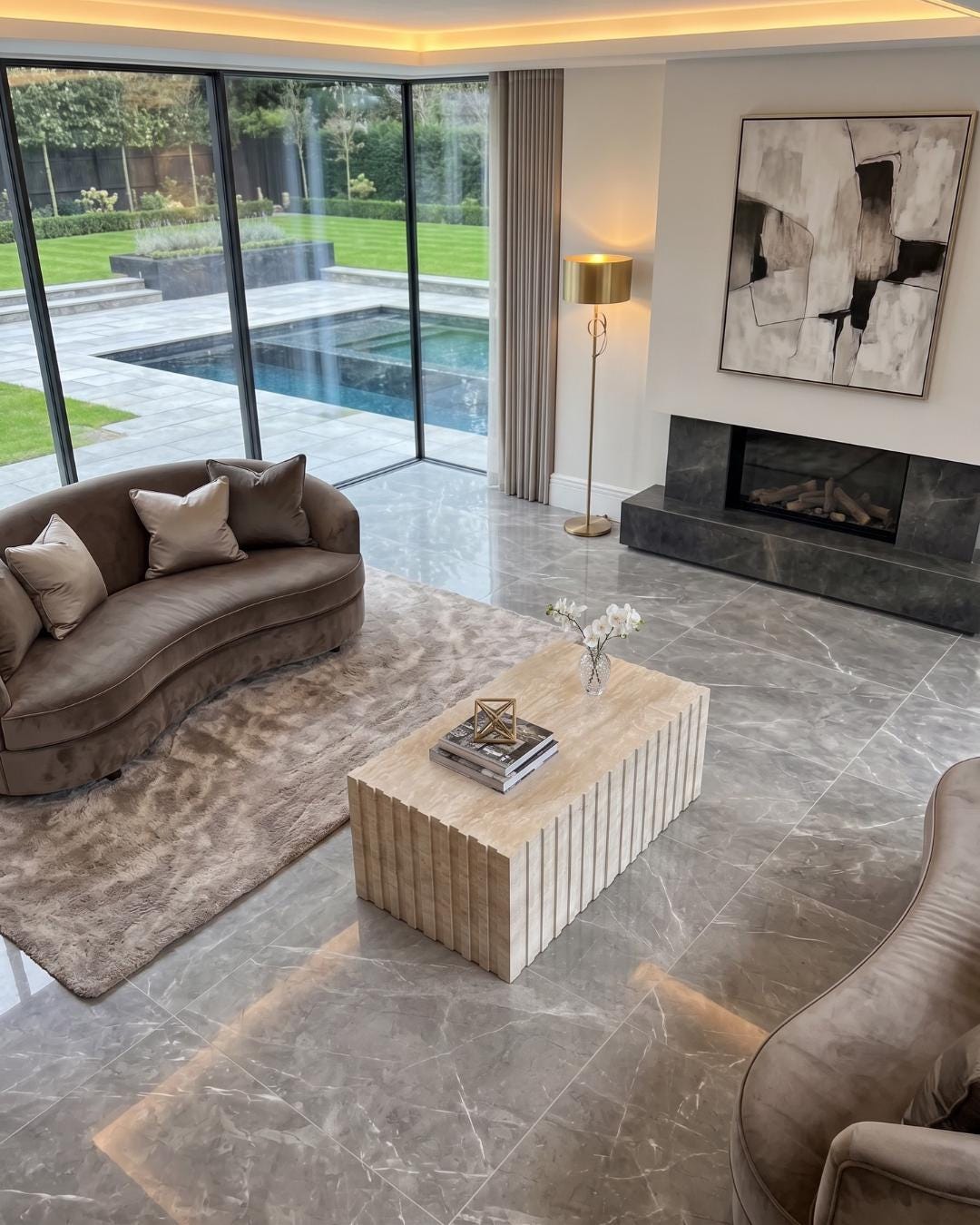 Travertine Fluted Coffee Table, Handmade Natural Stone Centerpiece, Modern Living Room Furniture