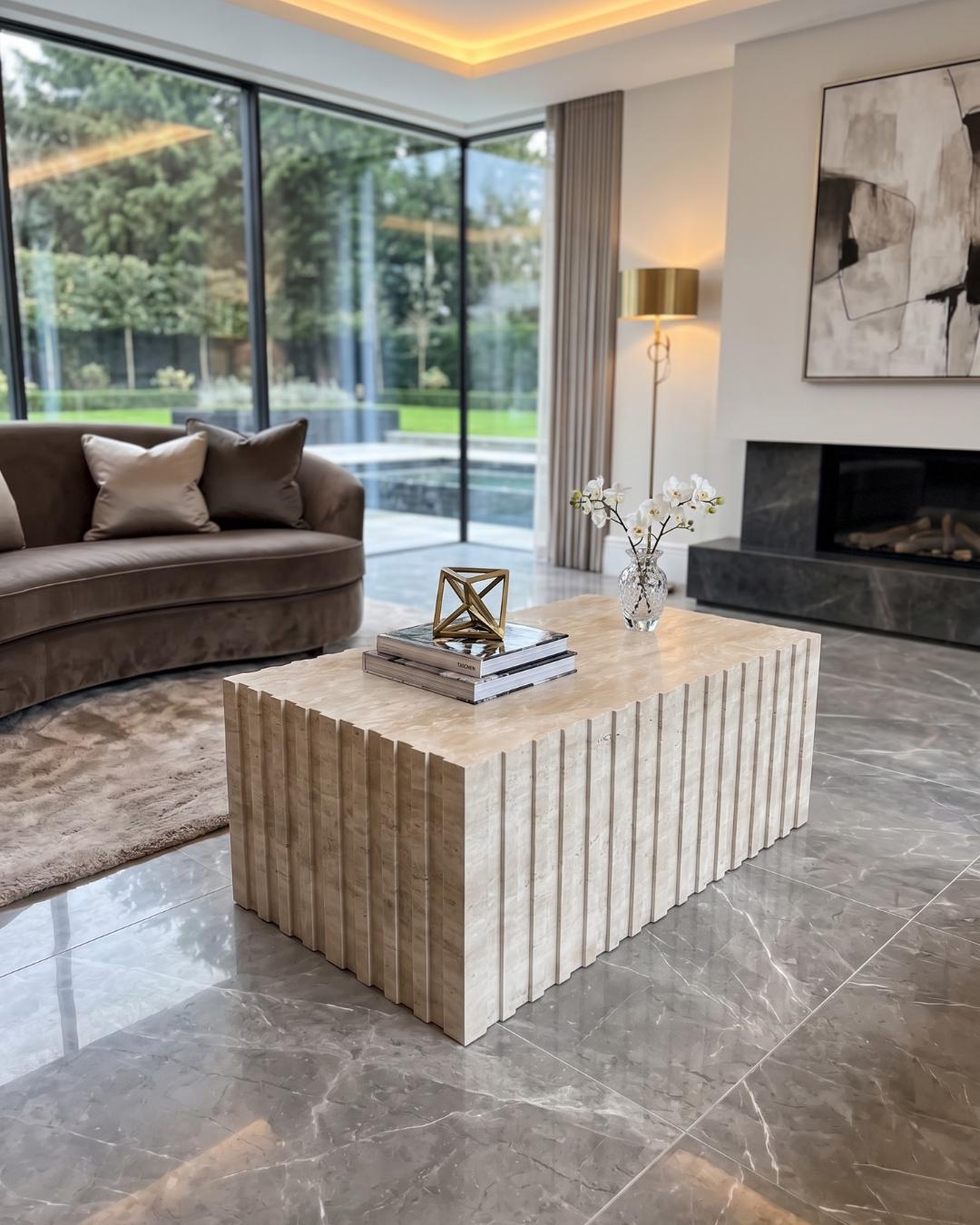 Travertine Fluted Coffee Table, Handmade Natural Stone Centerpiece, Modern Living Room Furniture