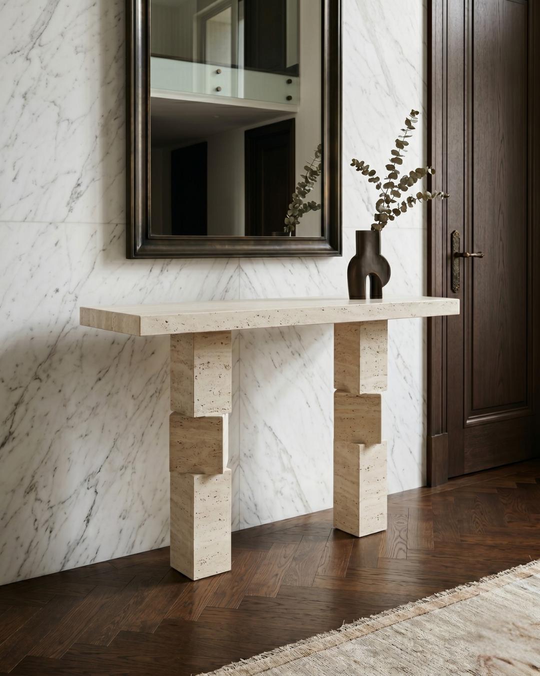 Handmade Travertine Console Table, Sculptural Natural Stone Entryway Furniture