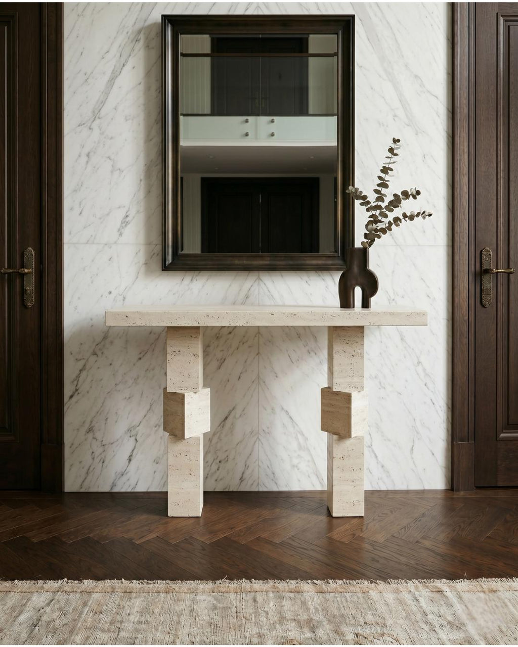 Handmade Travertine Console Table, Sculptural Natural Stone Entryway Furniture