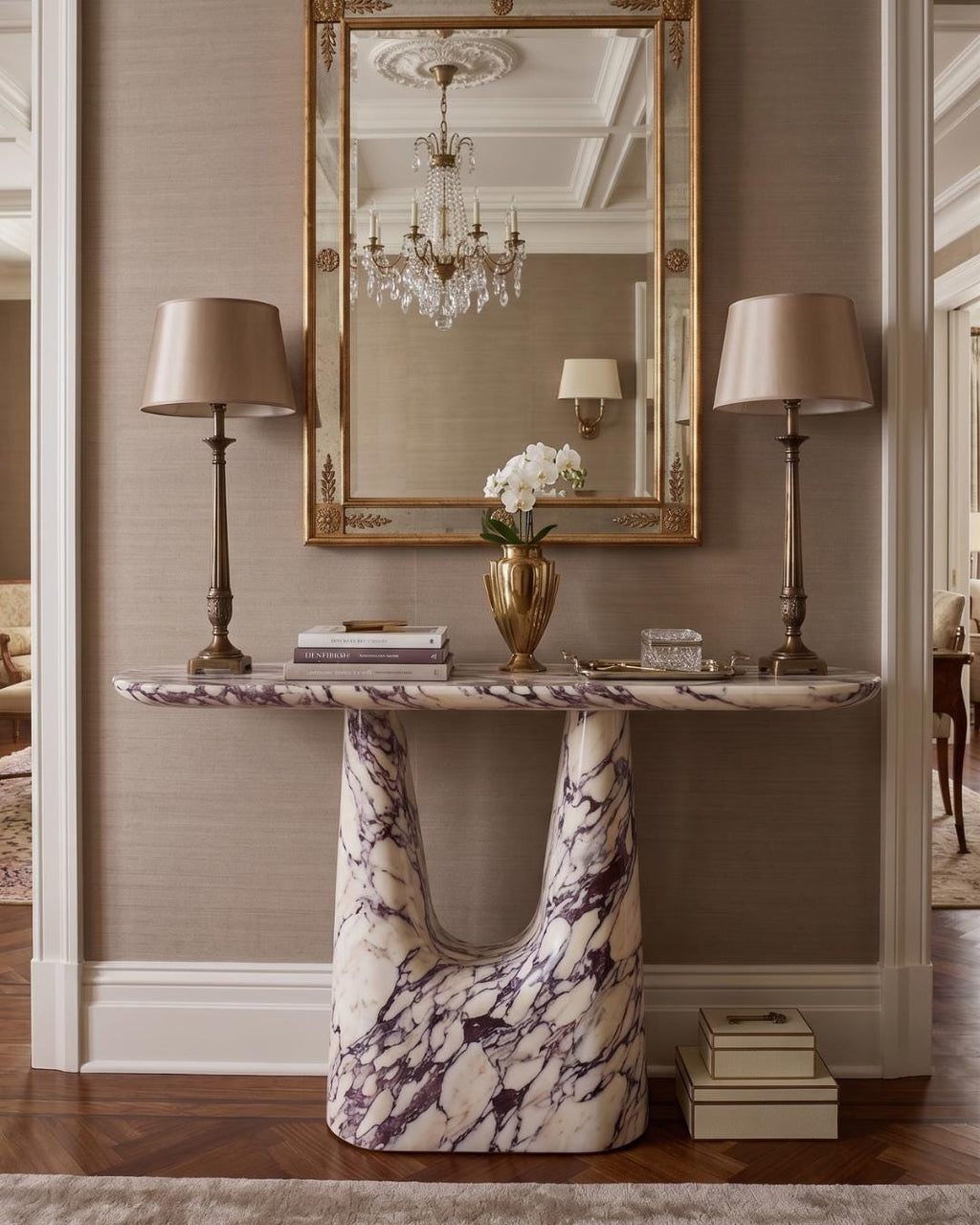 Calacatta Viola Marble Console Table, Sculptural Entryway Desk, Modern Stone (Custom Size)