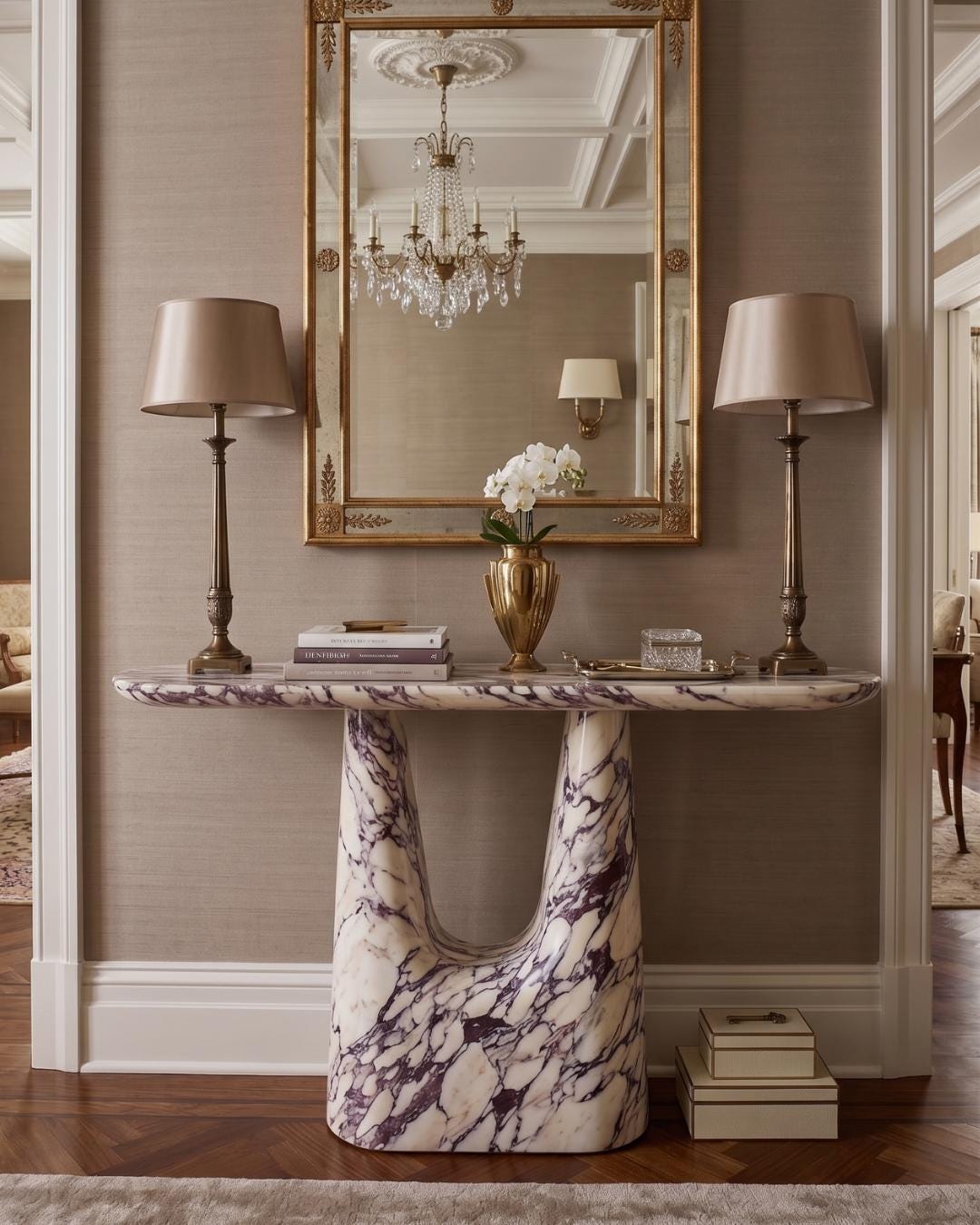 Calacatta Viola Marble Console Table, Sculptural Entryway Desk, Modern Stone (Custom Size)