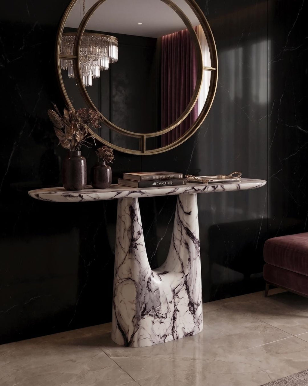 Calacatta Viola Marble Console Table, Sculptural Entryway Desk, Modern Stone (Custom Size)