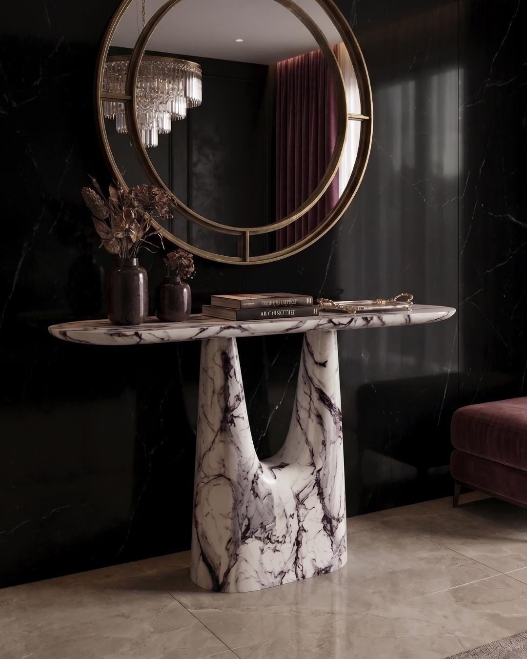 Calacatta Viola Marble Console Table, Sculptural Entryway Desk, Modern Stone (Custom Size)