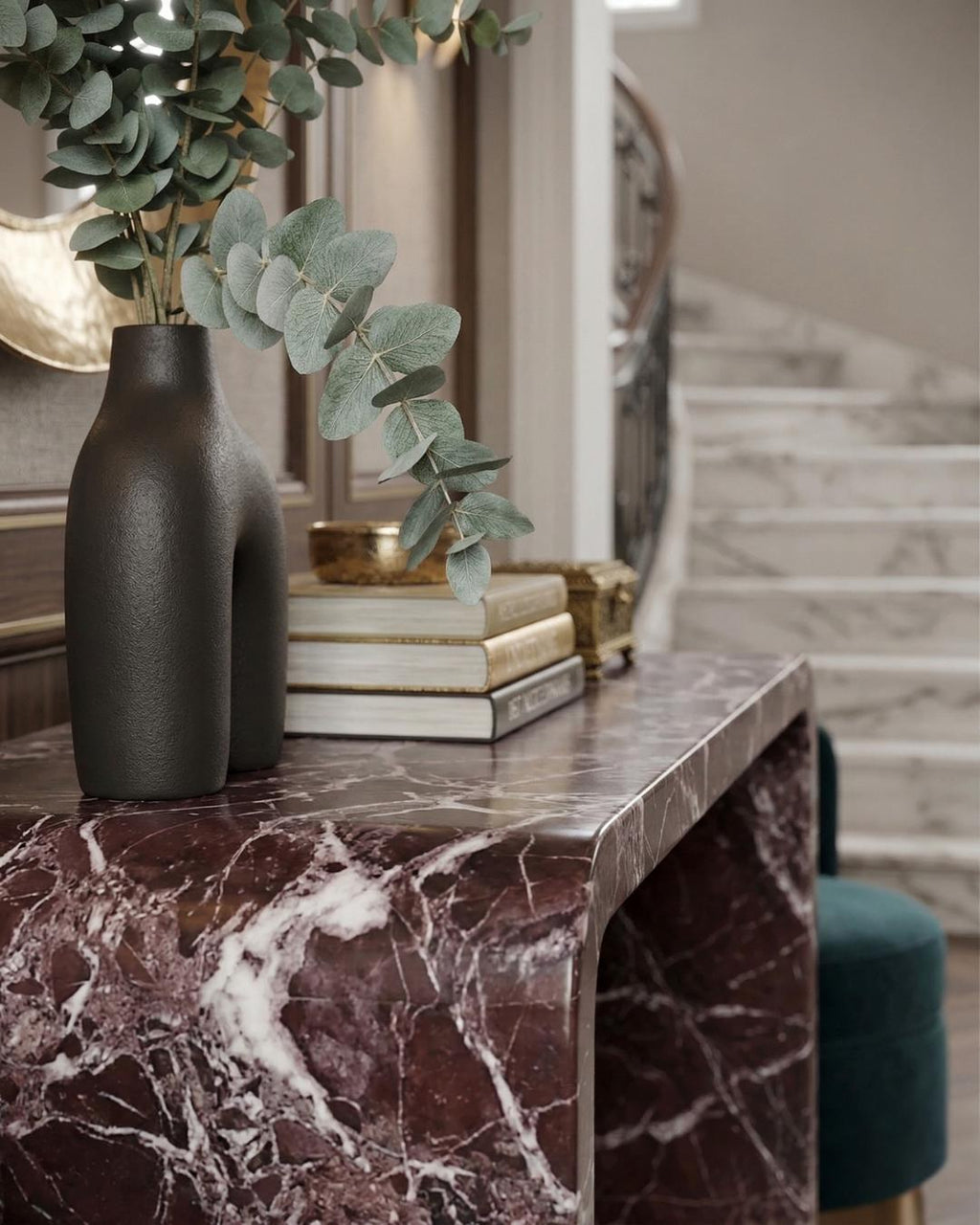 Rosso Levanto Marble Console Table, Curved Entryway Hallway, Luxury Stone Dressing