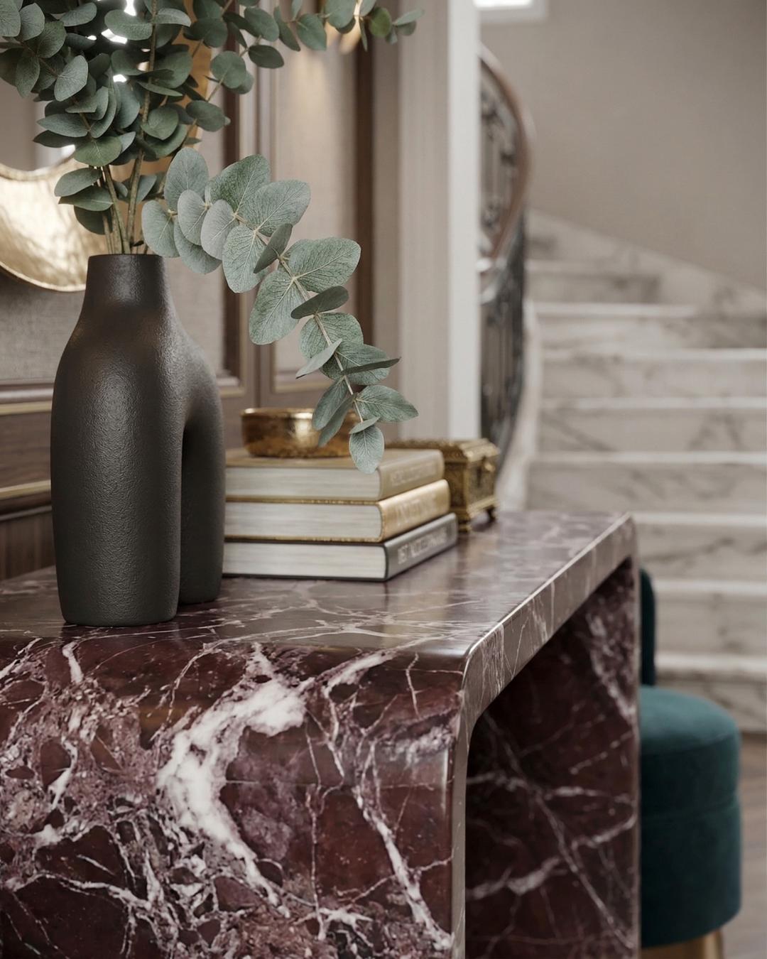 Rosso Levanto Marble Console Table, Curved Entryway Hallway, Luxury Stone Dressing