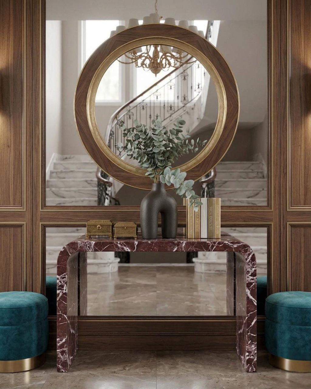 Rosso Levanto Marble Console Table, Curved Entryway Hallway, Luxury Stone Dressing