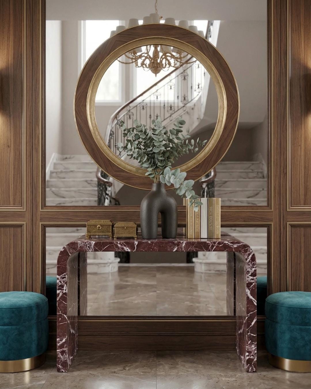Rosso Levanto Marble Console Table, Curved Entryway Hallway, Luxury Stone Dressing