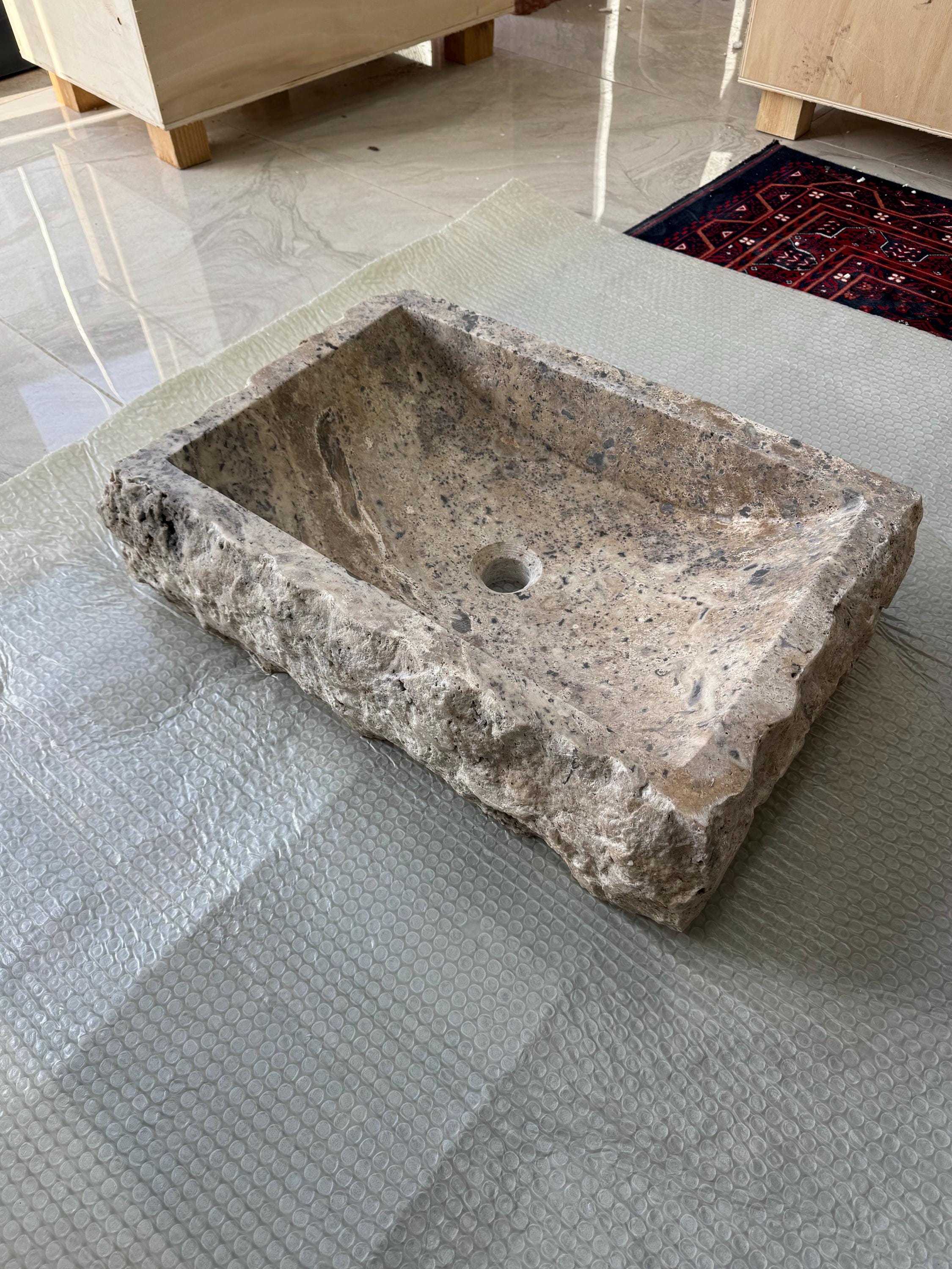 Handcrafted Silver Travertine Vessel Sink – Rustic Natural Stone Bathroom Basin