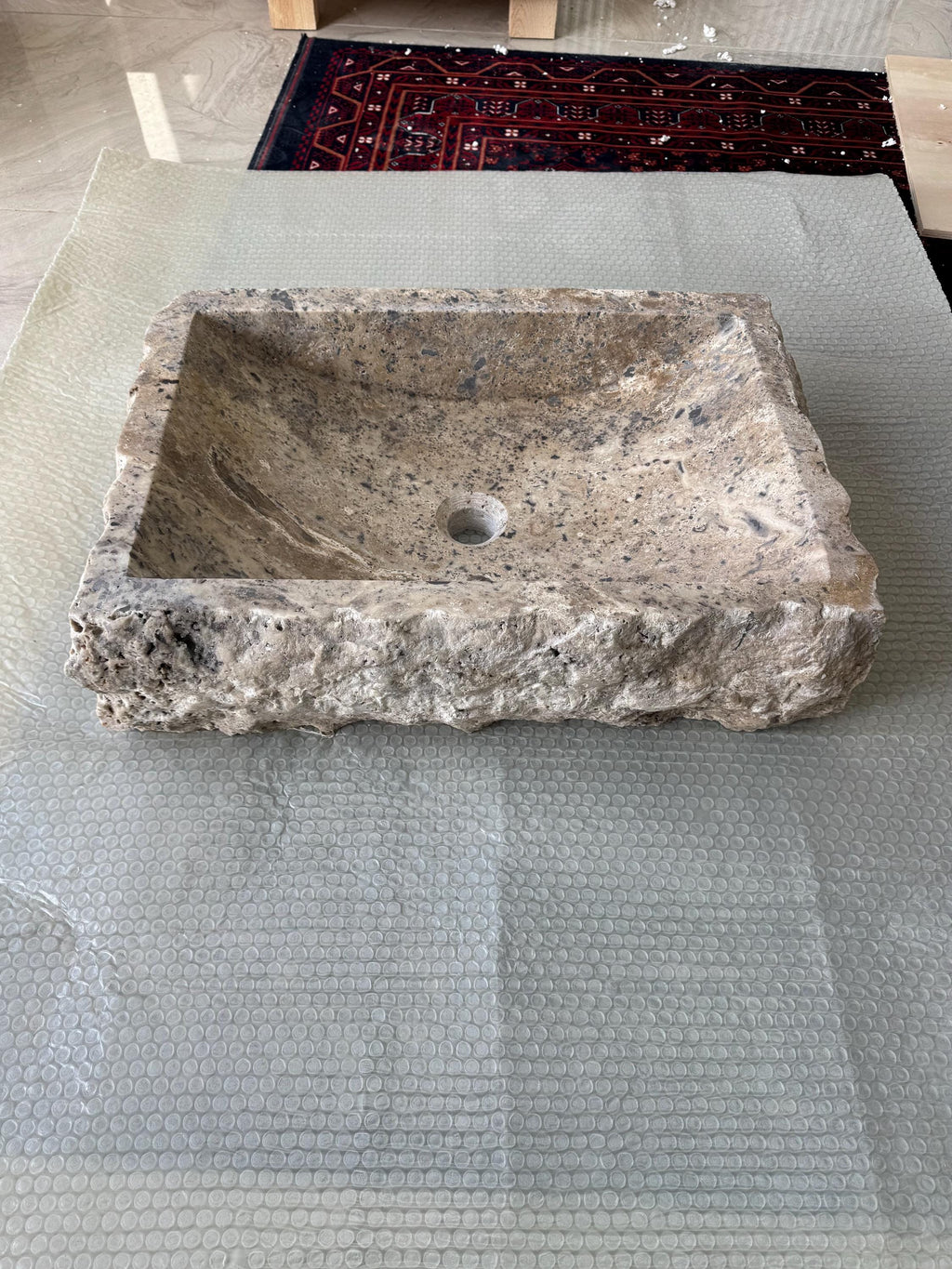 Handcrafted Silver Travertine Vessel Sink – Rustic Natural Stone Bathroom Basin