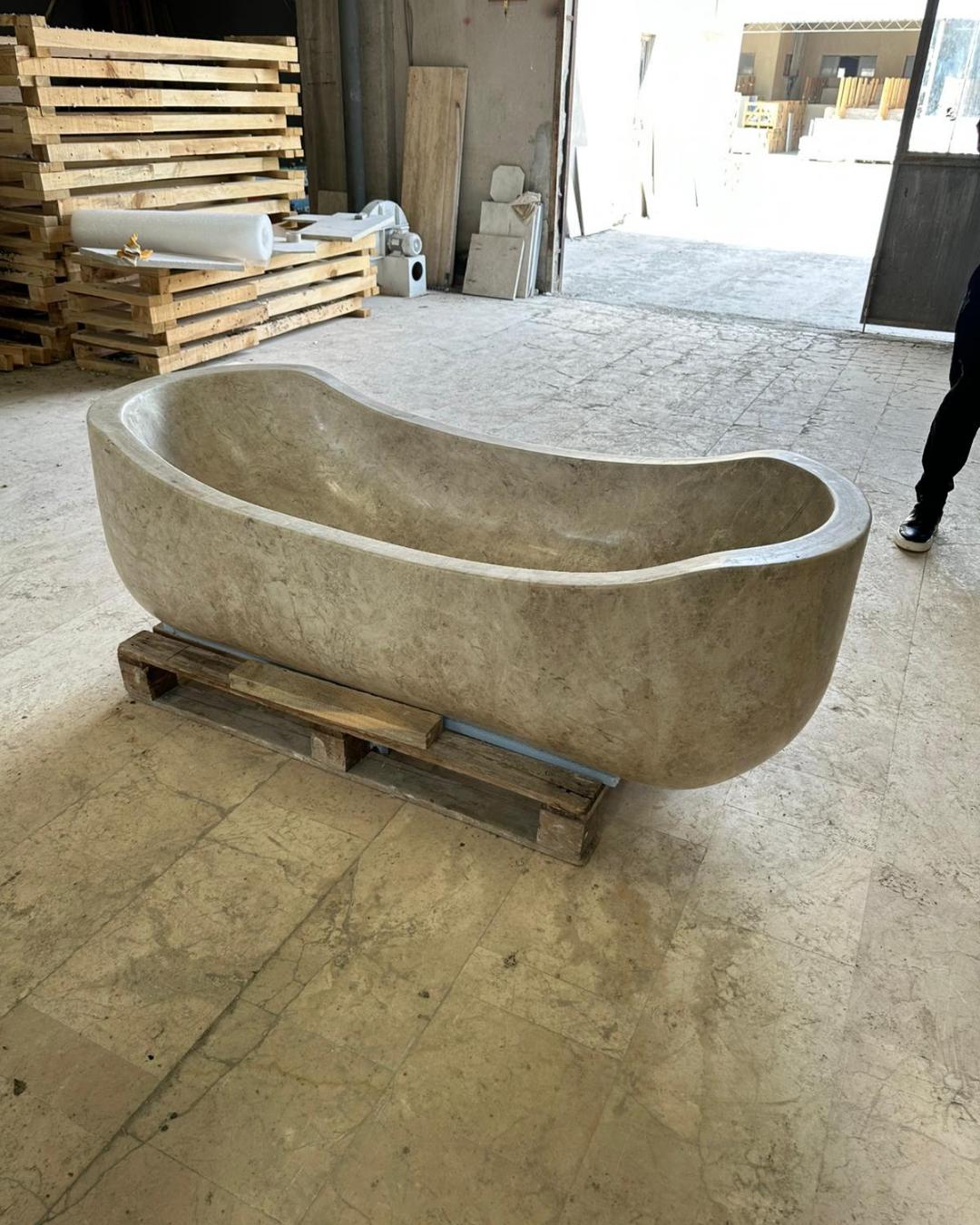 White Tundra Marble Freestanding Bathtub, Handmade Solid Stone Soaking Tub
