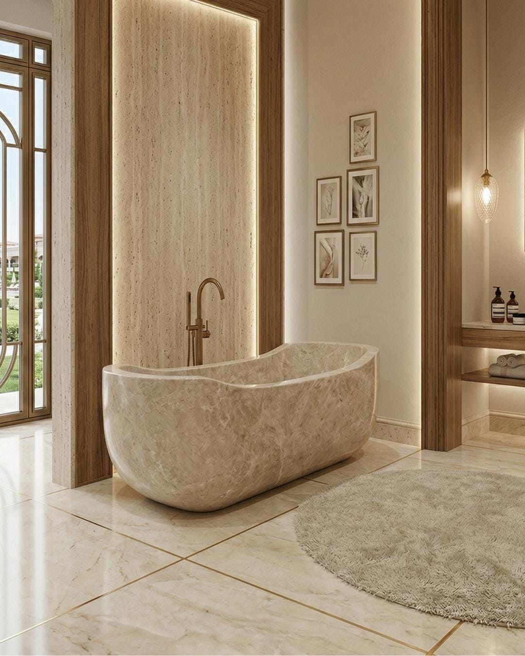 White Tundra Marble Freestanding Bathtub, Handmade Solid Stone Soaking Tub