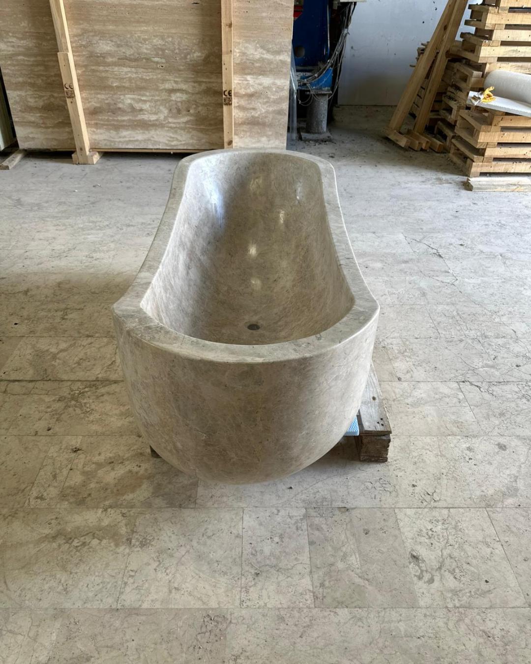White Tundra Marble Freestanding Bathtub, Handmade Solid Stone Soaking Tub