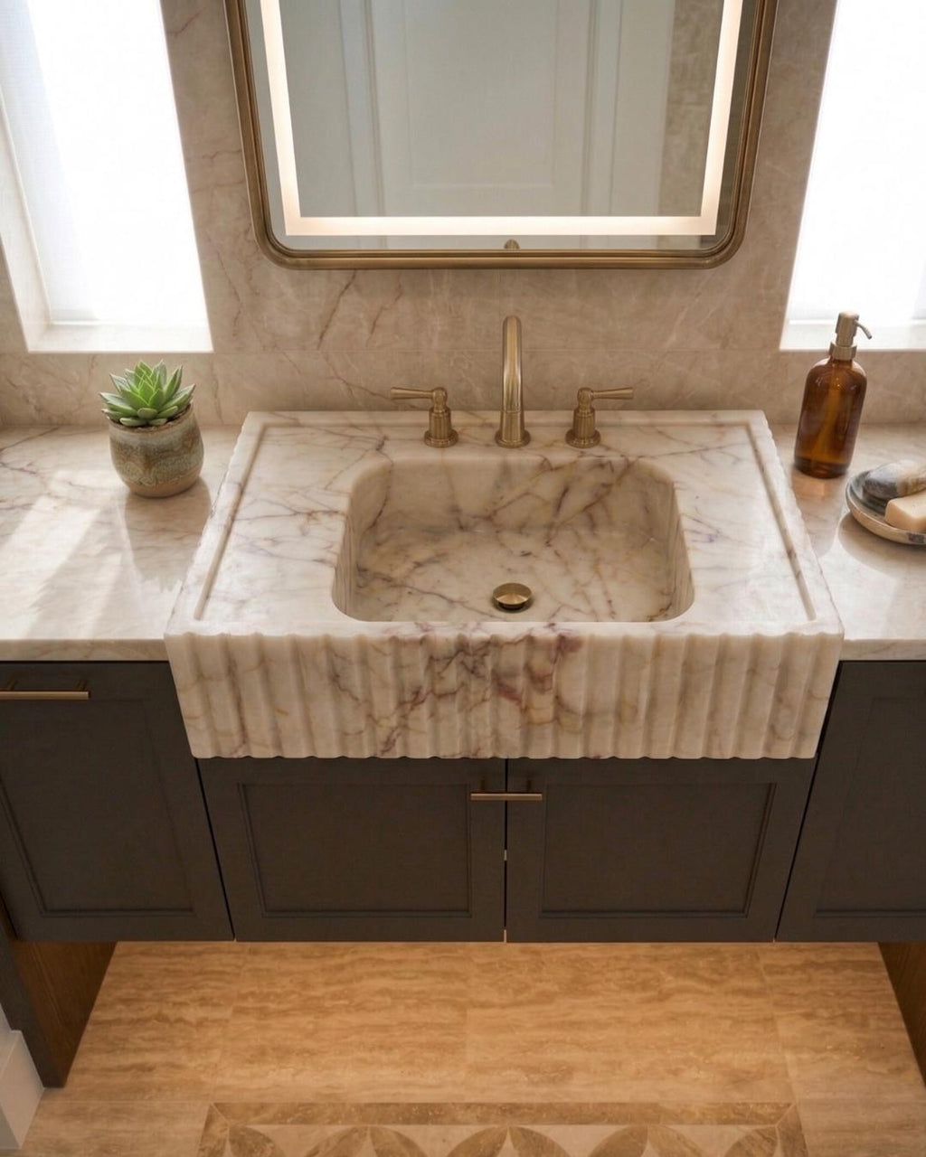 Hand Carved Calacatta Gold Marble Sink, Luxury Wall Mount Vanity Basin