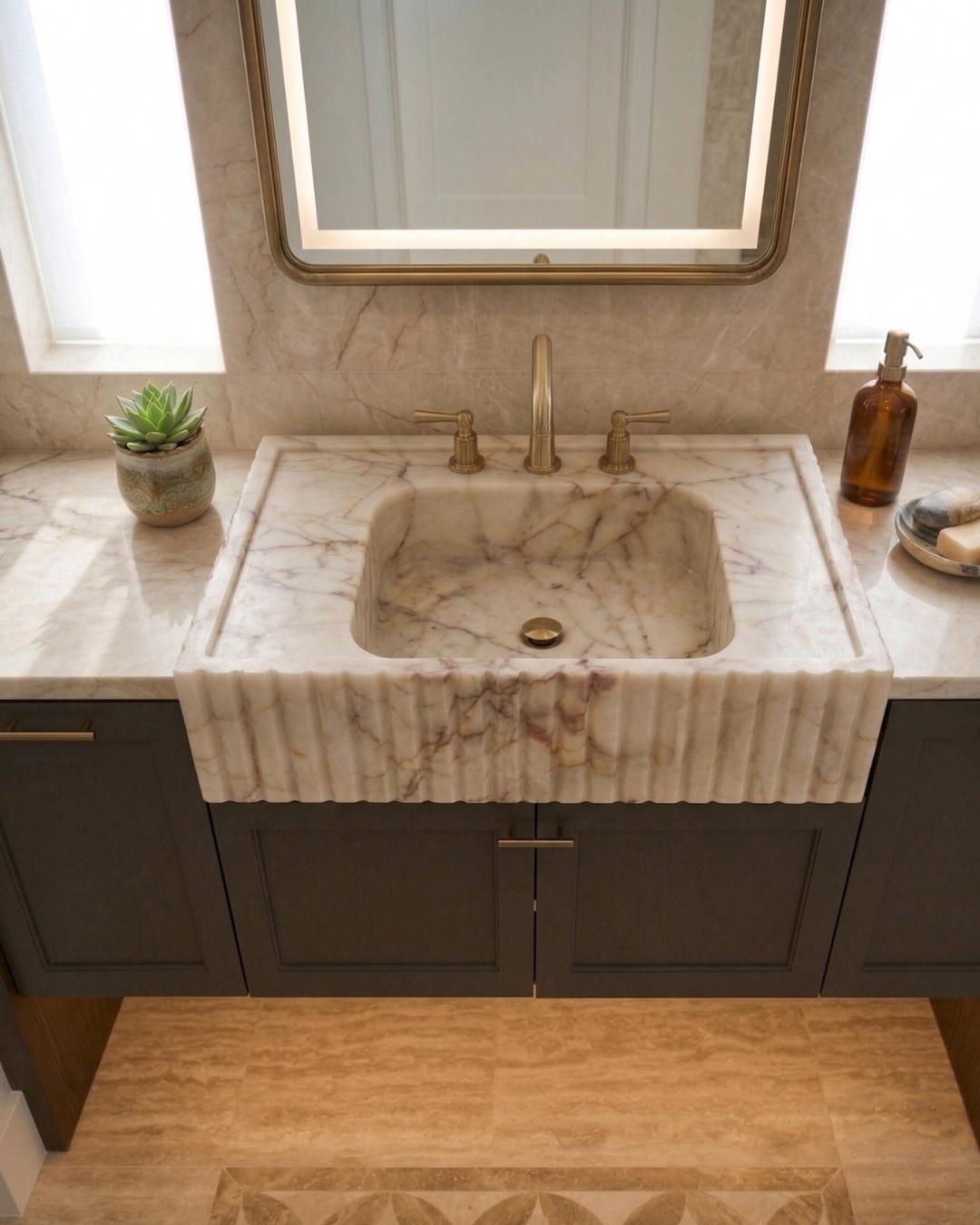Hand Carved Calacatta Gold Marble Sink, Luxury Wall Mount Vanity Basin