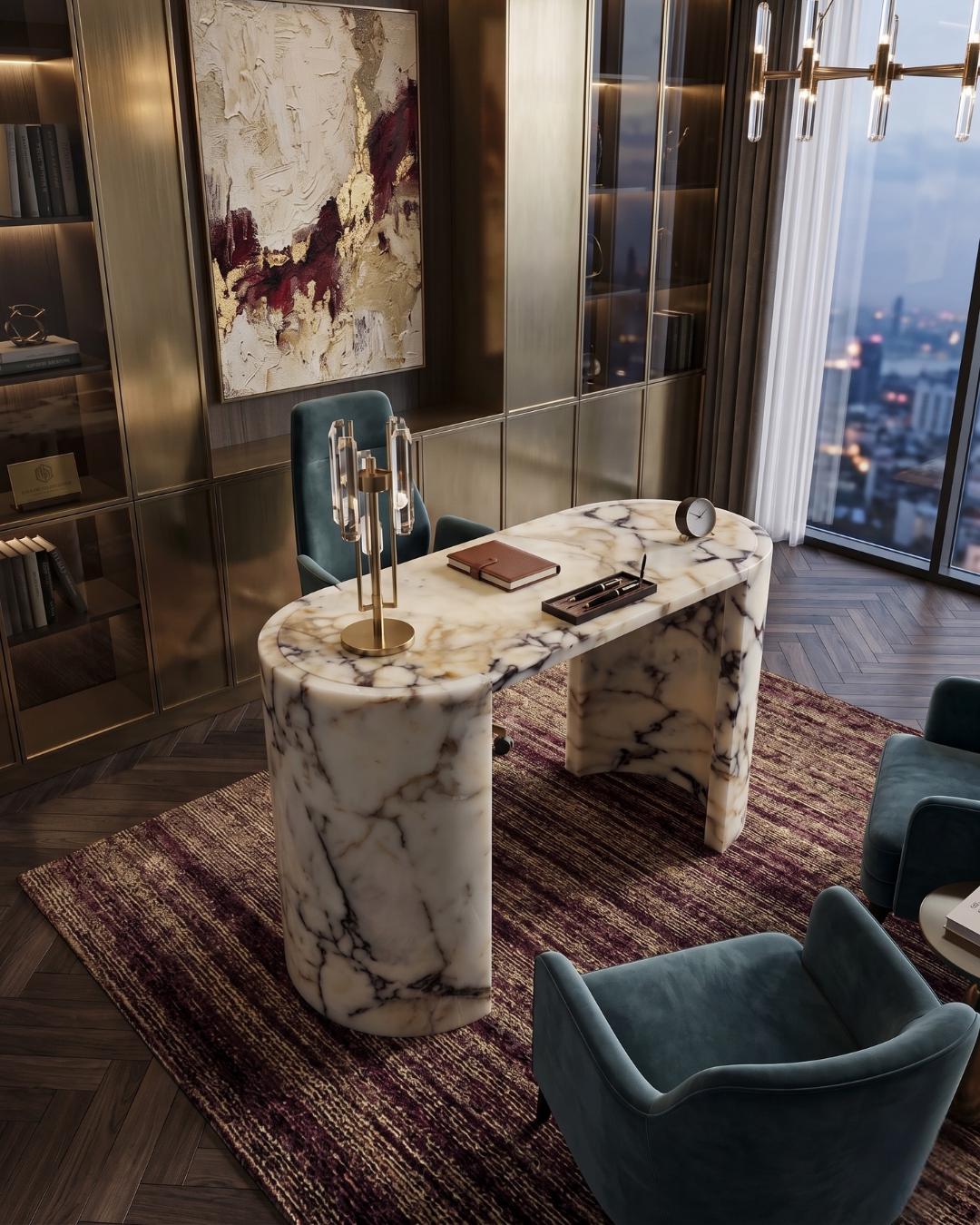 Calacatta Viola Marble Console Table, Sculptural Stone Desk, Luxury Entryway Furniture