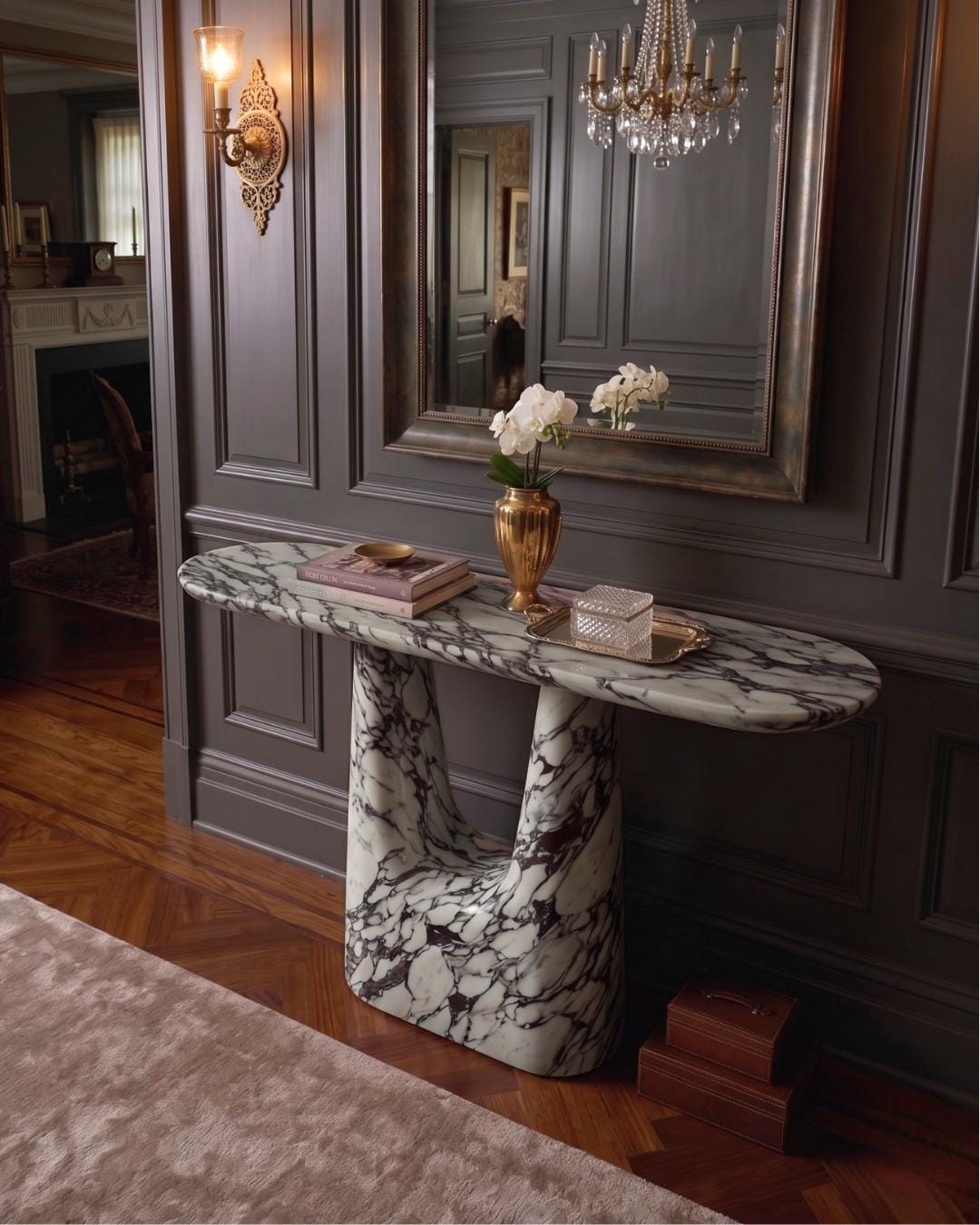 Calacatta Viola Marble Console Table, Sculptural Entryway Desk, Modern Stone (Custom Size)
