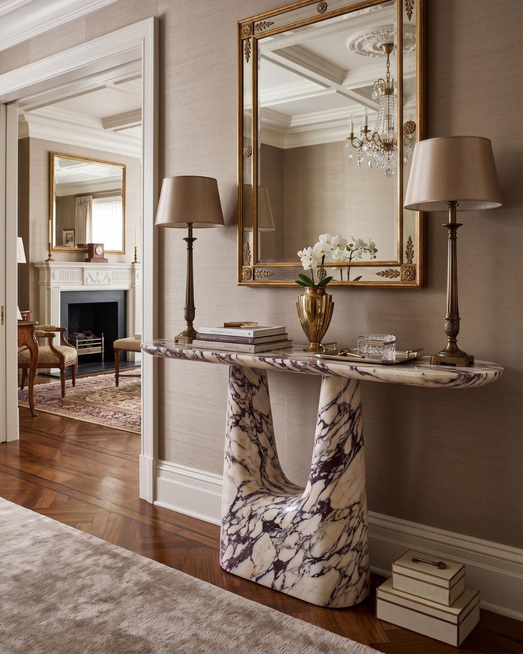 Calacatta Viola Marble Console Table, Sculptural Entryway Desk, Modern Stone (Custom Size)