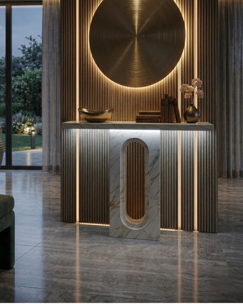 Calacatta Gold Marble Console Table, Sculptural Entryway Desk, Modern Luxury Stone Furniture