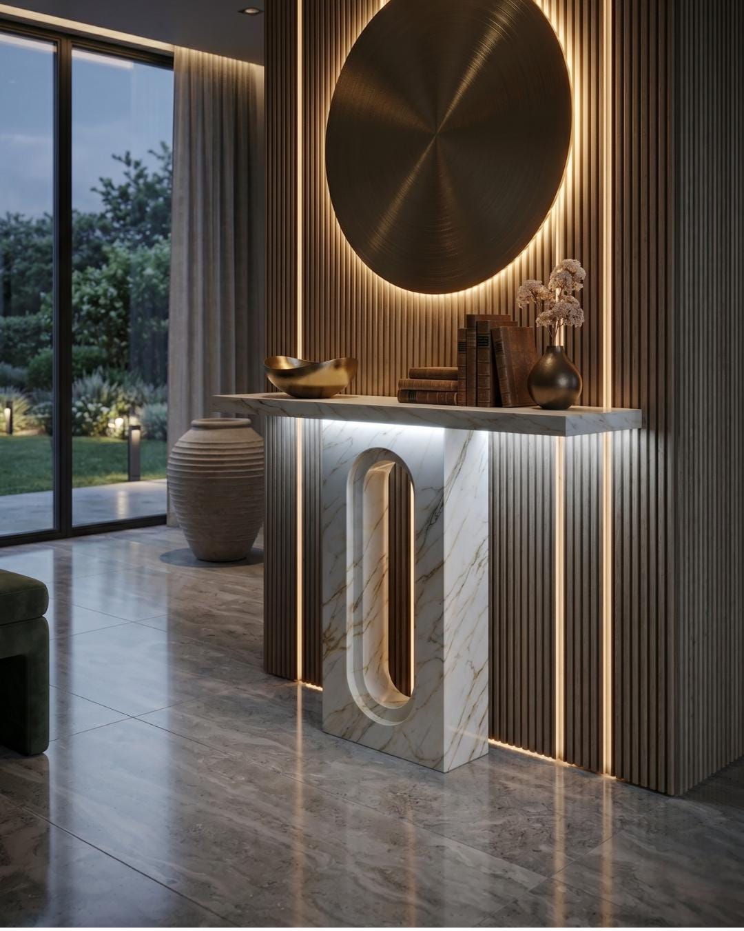 Calacatta Gold Marble Console Table, Sculptural Entryway Desk, Modern Luxury Stone Furniture