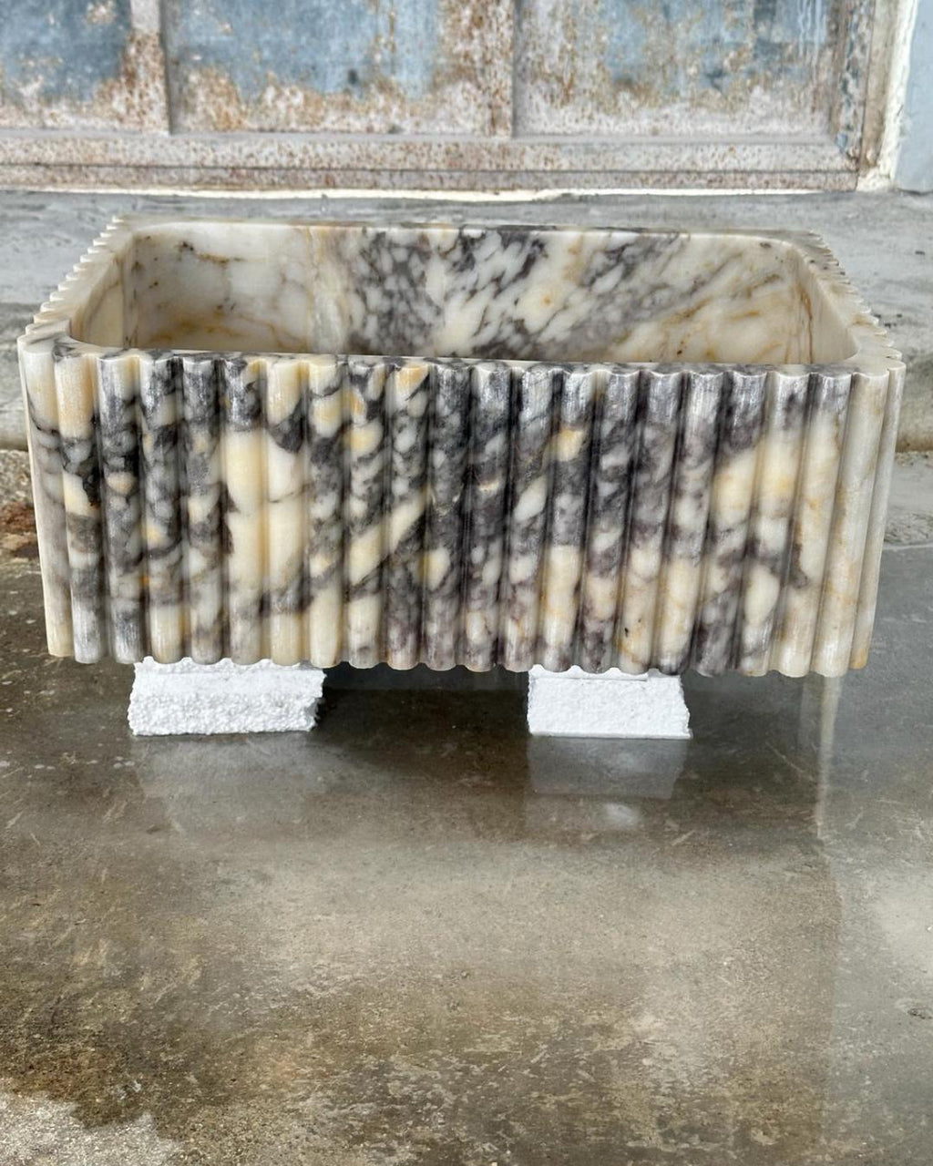 Calacatta Viola Fluted Marble Sink, Custom Wall Mount Bathroom Basin, Hand Carved Stone Washbasin