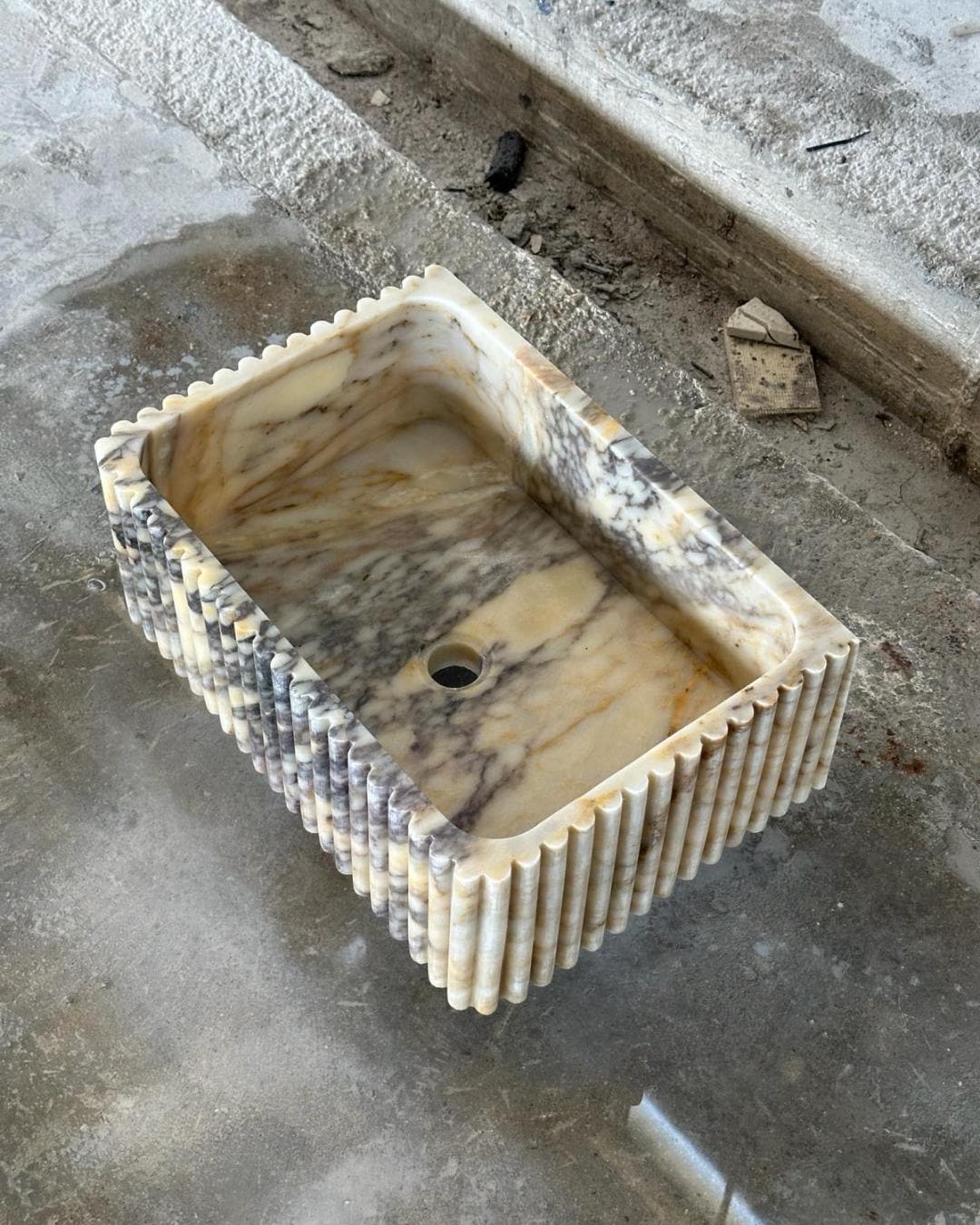 Calacatta Viola Fluted Marble Sink, Custom Wall Mount Bathroom Basin, Hand Carved Stone Washbasin