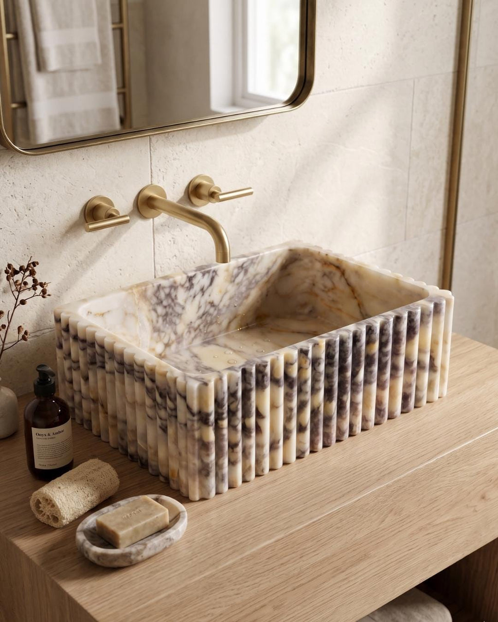 Calacatta Viola Fluted Marble Sink, Custom Wall Mount Bathroom Basin, Hand Carved Stone Washbasin