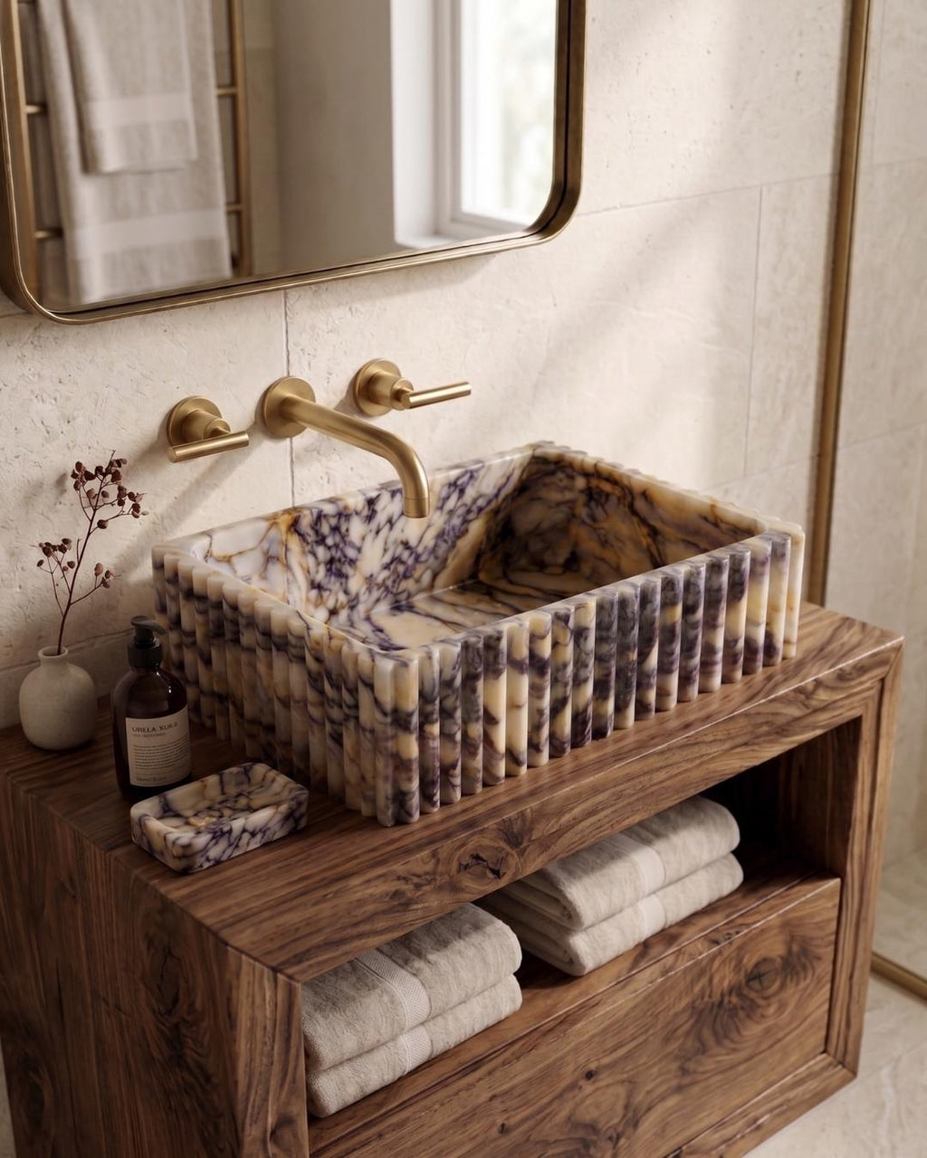 Calacatta Viola Fluted Marble Sink, Custom Wall Mount Bathroom Basin, Hand Carved Stone Washbasin