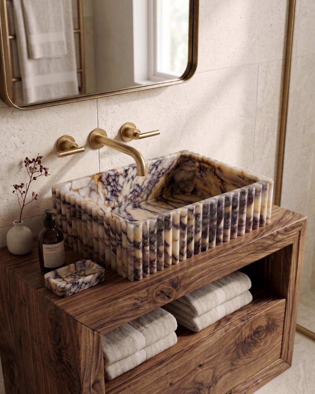 Calacatta Viola Fluted Marble Sink, Custom Wall Mount Bathroom Basin, Hand Carved Stone Washbasin